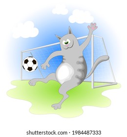 cheerful gray cat playing football on a green soccer field