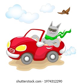 cheerful gray cat rides behind the wheel of a red convertible