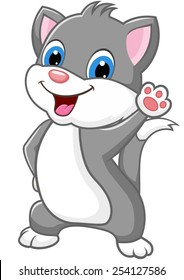 Cheerful gray cat, smiling and waving hand.
