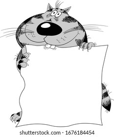 cheerful gray cat is standing with a huge sheet of white paper, vector