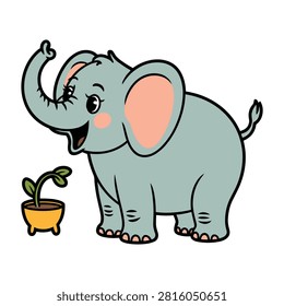 A cheerful gray elephant with big ears and a raised trunk stands beside a small plant.