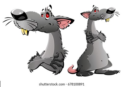 A cheerful gray rat with paws on his chest. A cartoon character.