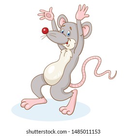 Cheerful gray rat - a symbol of the new year dancing. In cartoon style. Isolated on a white background. Vector illustration.
