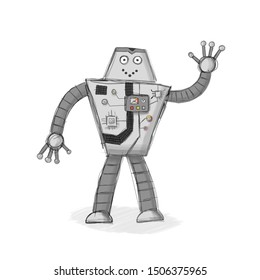 Cheerful gray robot drawn by hand. The robot is waving. Gray hatching as background. There are many devices and buttons on the robot.