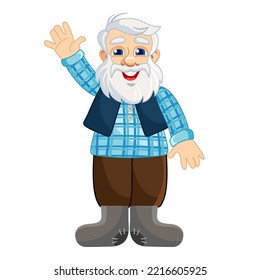 Cheerful gray-haired grandfather in rustic clothes and felt boots. Vector character