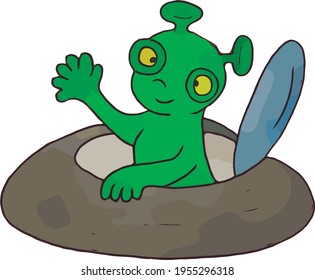 cheerful green alien sitting in a flying saucer and waving hand