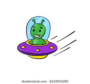 Cheerful green alien in a space saucer. Vector illustration of an alien. UFO. White background. Isolated object