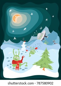 cheerful green aliens from flying saucer flew to the ground on a winter vacation / we come in peace