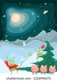 cheerful green aliens and pink pigs on winter vacation