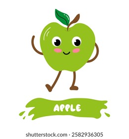 Cheerful green apple character with arms and legs displaying a friendly expression in a background flat style.
