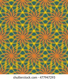 Cheerful green background with semitransparent drawing in orange and yellow, flower shapes, seamless vector background for spring or summer design