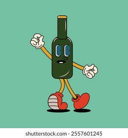 A cheerful green bottle character with arms and legs, wearing red shoes and waving. Perfect for fun, playful designs.