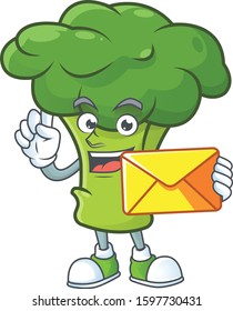 Cheerful green broccoli mascot cartoon with envelope