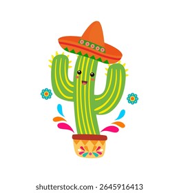 Cheerful Green Cactus Wearing Orange Sombrero with Colorful Floral Pot for Fiesta