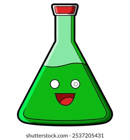 A cheerful green cartoon beaker with a wide grin and swirling liquid. Perfect for science illustrations, educational materials, or adding a touch of whimsy to your designs.