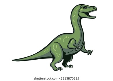 Cheerful green cartoon dinosaur tyrannosaurus isolated on white background.