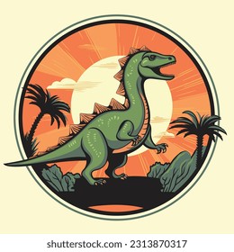 Cheerful green cartoon dinosaur tyrannosaurus against the background of the rays of the setting sun and a tropical landscape with palm trees. Emblem in a circle