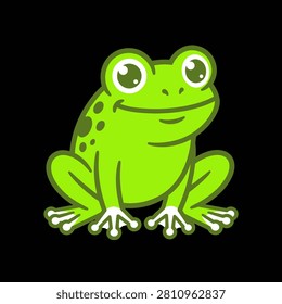 A cheerful green cartoon frog sitting down with large expressive eyes and a friendly smile on a black background.
