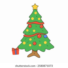 A cheerful green Christmas tree with bright ornaments and lights, perfect for holiday branding, decorations, and seasonal designs.