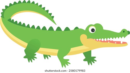 A cheerful green crocodile in a simple, cartoonish style. The crocodile has a friendly expression with big, round eyes, a long tail, and sharp teeth, making it look playful and non-threatening