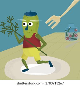 Cheerful green cucumber runs on a plate with green dill in his hands from a fork in a jar frightened cucumbers and tomatoes on a blue background