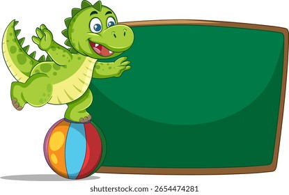 Cheerful green dinosaur balancing on a vibrant ball beside a blank chalkboard. Bright colors and cartoon style enhance the playful theme