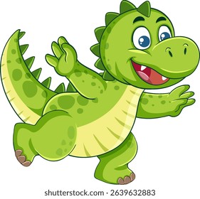 A cheerful green dinosaur with a friendly expression, rendered in a vibrant cartoon style. Ideal for children's media and educational content