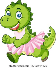 Cheerful green dinosaur in pink tutu, cartoon vector style, white background, playful composition