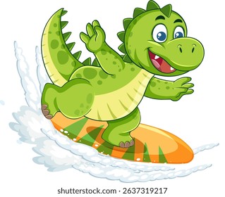 A cheerful green dinosaur rides an orange surfboard on dynamic waves. Bright colors and cartoon style enhance the lively scene