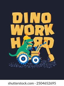 Un alegre dinosaurio verde, con un sombrero duro, dirige una Pequeña excavadora. Esta ilustración de dibujos animados es perfecta para diseños con temas de construcción, ropa para niños o como un póster motivacional.