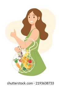 Cheerful green dress woman using reusable net bag for shopping at supermarket. Concept of eco friendly, zero waste, go green lifestyle. Flat vector illustration character.