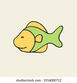 Cheerful green fish. Vector hand-drawn doodle illustration.