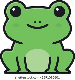 A cheerful green frog with big eyes sits happily, showcasing a friendly expression in a minimalistic flat design style.