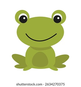 Cheerful green frog with a big smile sitting on a white background. Vector illustration in flat style.
