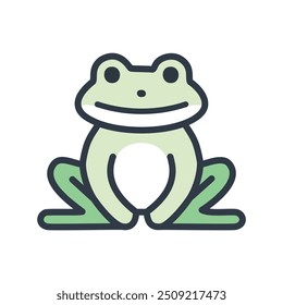 Cheerful green frog cartoon illustration. A smiling green frog cartoon illustration with a white belly and green legs, symbolizing happiness, good luck, and new beginnings.