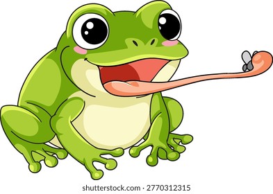 A cheerful green frog catches a fly using its long tongue in vector cartoon style