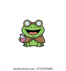 Eine fröhliche grüne Froschfigur, gekleidet als Wissenschaftler, komplett mit einer Brille und einem Umhang, die eine kleine Flasche rosafarbene Flüssigkeit hält.