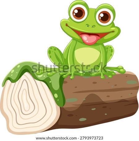 Cheerful green frog character sitting on a mossy log, isolated on a white background.
