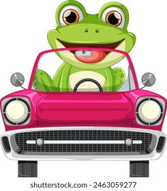 Cheerful green frog driving a vibrant pink car