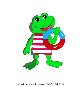 A cheerful green frog in the hands of a swimming circle. A cartoon on a white background.Vector
