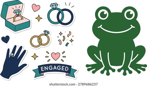 A cheerful green frog illustration is presented alongside various symbols of engagement, including rings, a ring box, and the word 'Engaged'.