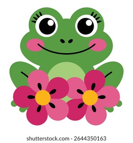 A cheerful green frog with large eyes smiles while sitting amidst two stylized pink and yellow flowers. The illustration features bold colors and simple shapes in a flat design style.