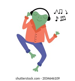 Cheerful green frog listens to music with headphones and dances. Musician, singer, sheet music. Vector flat illustration.