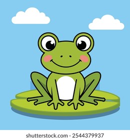 A cheerful green frog sits on a lily pad, basking in the sun. The frog has big, round eyes and a wide, toothy grin.