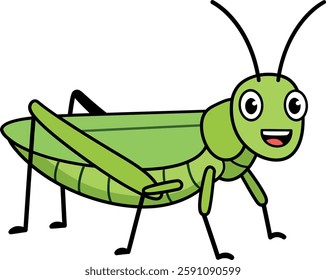 A cheerful green grasshopper with big eyes stands playfully, showcasing a friendly expression in a vibrant flat design.