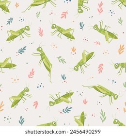 Cheerful green grasshoppers with colorful leaves. Vector semleass pattern