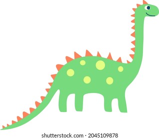 Cheerful green herbivorous dinosaur smiling. A green dinosaur with an orange crest and yellow spots.