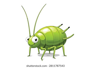 A cheerful green insect with large eyes and long antennae stands against a white background. The cartoon bug appears friendly and playful.