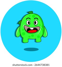 Personagem monstro verde alegre com uma expressão peculiar, perfeito para entretenimento infantil e conteúdo educacional.