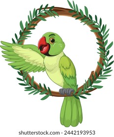A cheerful green parrot perched within a circular wreath.